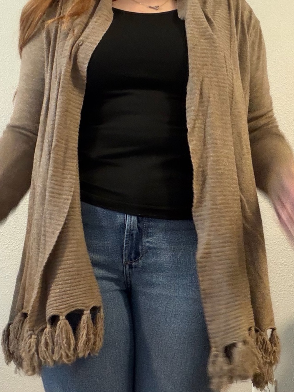 Women’s Open-Front Fringe Hem Cardigan Sweater - Tan